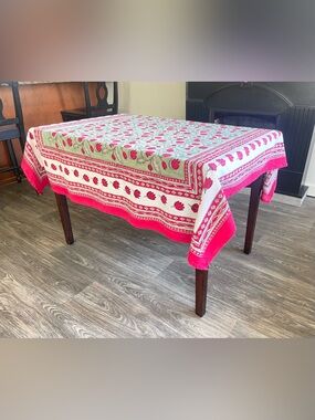 Couleur Nature Bruno Lamy Tablecloth Block Print Cotton Sage Green & Red 59x59